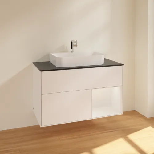 VILLEROY BOCH Umyvadlová skříňka Finion, s osvětlením, 2 výsuvy, 1000 x 603 x 501 mm, bílý matný lak / bílý lesklý lak / černé matné sklo #F372GFMT, obrázek 2