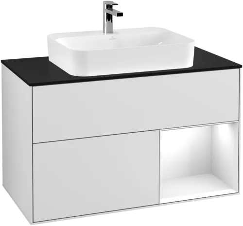 VILLEROY BOCH Umyvadlová skříňka Finion, s osvětlením, 2 výsuvy, 1000 x 603 x 501 mm, bílý matný lak / bílý lesklý lak / černé matné sklo #F372GFMT