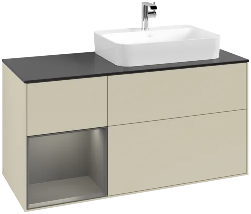 VILLEROY BOCH Toaletní skříňka Finion, s osvětlením, 3 výsuvy, 1200 x 603 x 501 mm, hedvábně šedý matný lak / antracitový matný lak / černé matné sklo #F392GKHJ