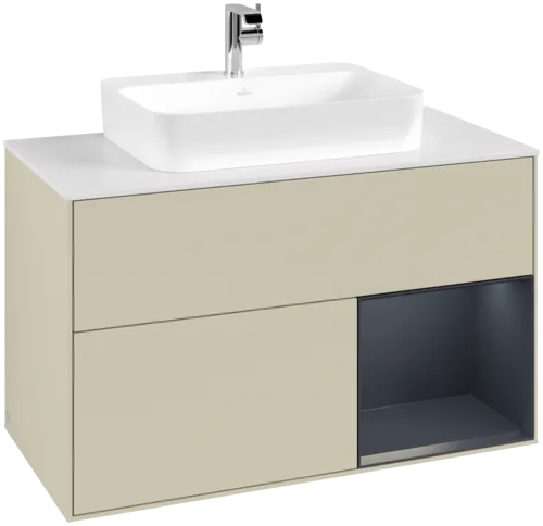 VILLEROY BOCH Toaletní skříňka Finion, s osvětlením, 2 výsuvy, 1000 x 603 x 501 mm, hedvábně šedý matný lak / půlnočně modrý matný lak / bílé matné sklo #F371HGHJ