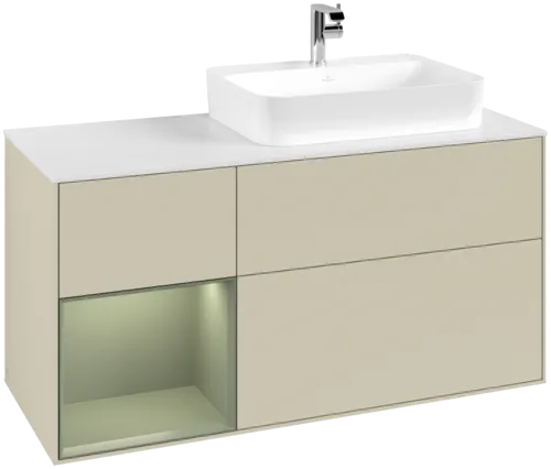 VILLEROY BOCH Toaletní skříňka Finion, s osvětlením, 3 výsuvy, 1200 x 603 x 501 mm, hedvábně šedý matný lak / olivový matný lak / bílé matné sklo #F391GMHJ