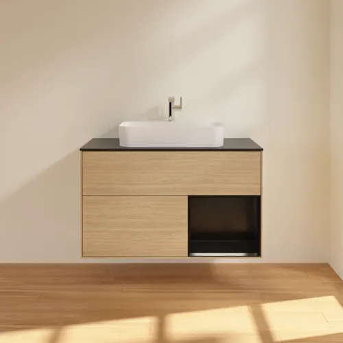 VILLEROY BOCH Toaletní skříňka Finion, s osvětlením, 2 výsuvy, 1000 x 603 x 501 mm, dubová dýha / černý matný lak / černé matné sklo #F372PDPC, obrázek 3