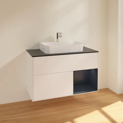VILLEROY BOCH Toaletní skříňka Finion, s osvětlením, 2 výsuvy, 1000 x 603 x 501 mm, bílý matný lak / půlnoční modrý matný lak / černé matné sklo #F372HGMT, obrázek 2