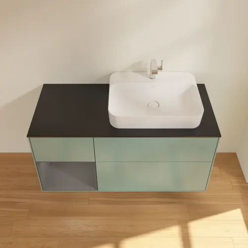 VILLEROY BOCH Toaletní skříňka Finion, s osvětlením, 3 výsuvy, 1200 x 603 x 501 mm, olivový matný lak / antracitový matný lak / černé matné sklo #F392GKGM, obrázek 4