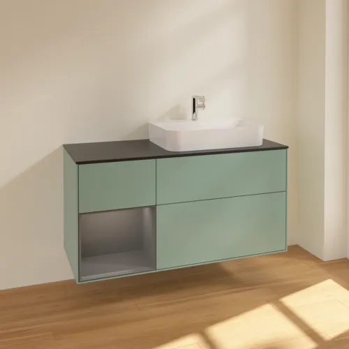 VILLEROY BOCH Toaletní skříňka Finion, s osvětlením, 3 výsuvy, 1200 x 603 x 501 mm, olivový matný lak / antracitový matný lak / černé matné sklo #F392GKGM, obrázek 2