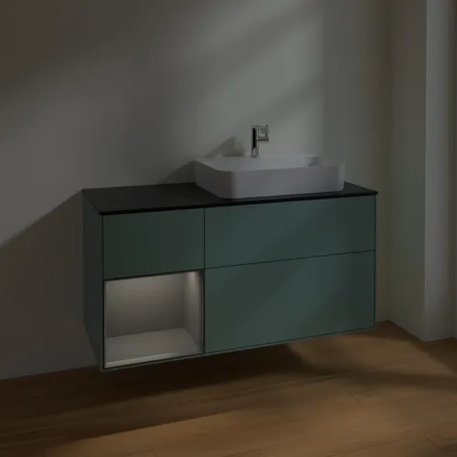 VILLEROY BOCH Toaletní skříňka Finion, s osvětlením, 3 výsuvy, 1200 x 603 x 501 mm, olivový matný lak / antracitový matný lak / černé matné sklo #F392GKGM, obrázek 5