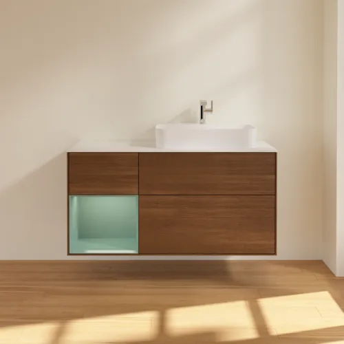 VILLEROY BOCH Toaletní stolek Finion, s osvětlením, 3 výsuvy, 1200 x 603 x 501 mm, ořechová dýha / olivový matný lak / sklo bílé matné #F391GMGN, obrázek 3