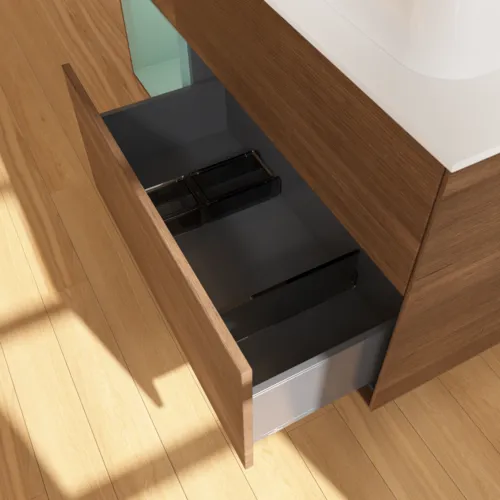 VILLEROY BOCH Toaletní stolek Finion, s osvětlením, 3 výsuvy, 1200 x 603 x 501 mm, ořechová dýha / olivový matný lak / sklo bílé matné #F391GMGN, obrázek 7