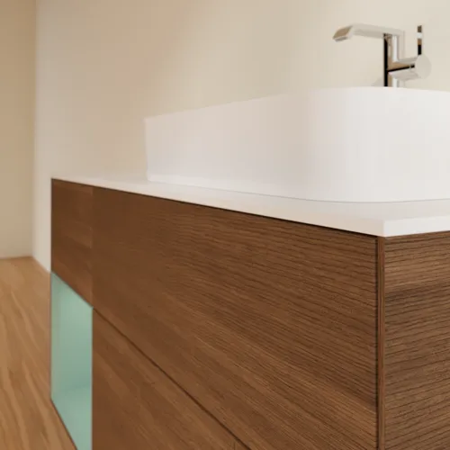 VILLEROY BOCH Toaletní stolek Finion, s osvětlením, 3 výsuvy, 1200 x 603 x 501 mm, ořechová dýha / olivový matný lak / sklo bílé matné #F391GMGN, obrázek 6