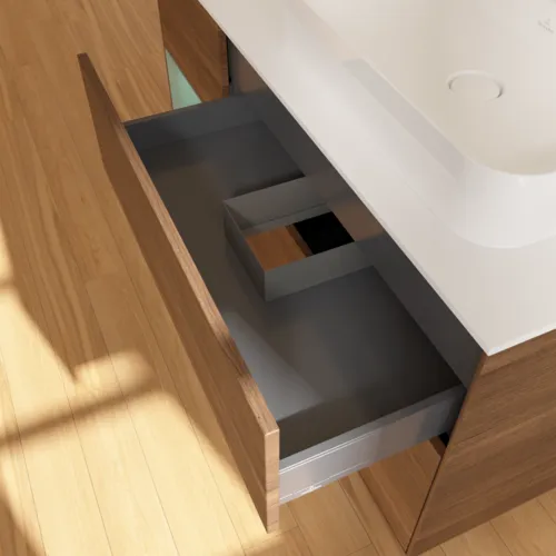 VILLEROY BOCH Toaletní stolek Finion, s osvětlením, 3 výsuvy, 1200 x 603 x 501 mm, ořechová dýha / olivový matný lak / sklo bílé matné #F391GMGN, obrázek 8