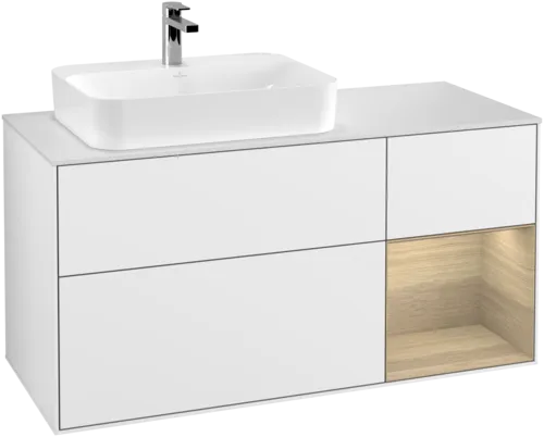 VILLEROY BOCH Toaletní skříňka Finion, s osvětlením, 3 výsuvy, 1200 x 603 x 501 mm, lesklý bílý lak / dubová dýha / sklo bílé matné #F401PCGF