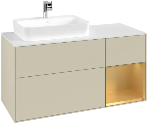 VILLEROY BOCH Toaletní skříňka Finion, s osvětlením, 3 výsuvy, 1200 x 603 x 501 mm, Silk Grey Matt Lacquer / Gold Matt Lacquer / Glass White Matt #F401HFHJ