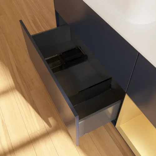 VILLEROY BOCH Toaletní skříňka Finion, s osvětlením, 3 výsuvy, 1200 x 603 x 501 mm, Midnight Blue Matt Lacquer / Gold Matt Lacquer / Glass White Matt #F401HFHG, obrázek 7