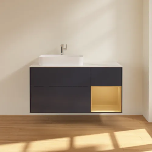 VILLEROY BOCH Toaletní skříňka Finion, s osvětlením, 3 výsuvy, 1200 x 603 x 501 mm, Midnight Blue Matt Lacquer / Gold Matt Lacquer / Glass White Matt #F401HFHG, obrázek 3