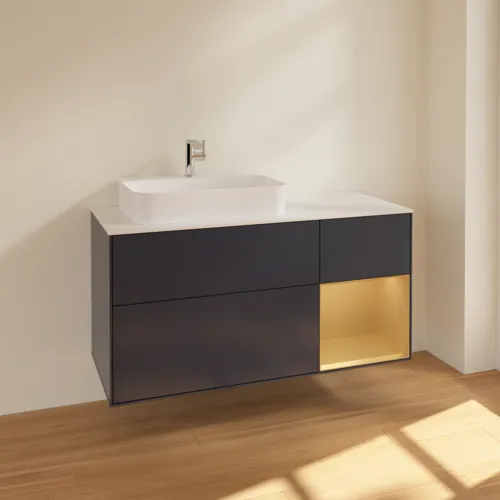 VILLEROY BOCH Toaletní skříňka Finion, s osvětlením, 3 výsuvy, 1200 x 603 x 501 mm, Midnight Blue Matt Lacquer / Gold Matt Lacquer / Glass White Matt #F401HFHG, obrázek 2