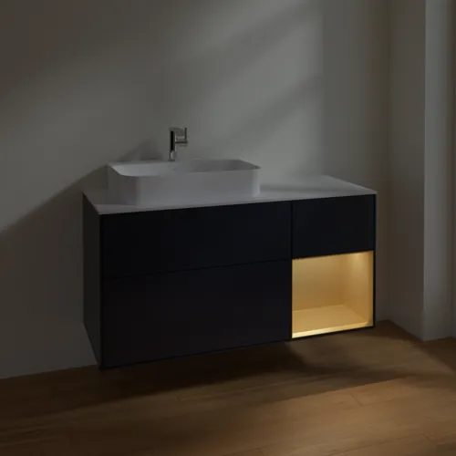 VILLEROY BOCH Toaletní skříňka Finion, s osvětlením, 3 výsuvy, 1200 x 603 x 501 mm, Midnight Blue Matt Lacquer / Gold Matt Lacquer / Glass White Matt #F401HFHG, obrázek 5
