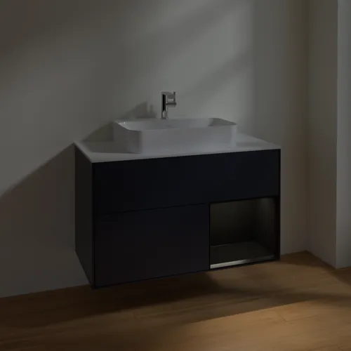 VILLEROY BOCH Toaletní skříňka Finion, s osvětlením, 2 výsuvy, 1000 x 603 x 501 mm, Midnight Blue Matt Lacquer / Black Matt Lacquer / Glass White Matt #F371PDHG, obrázek 5