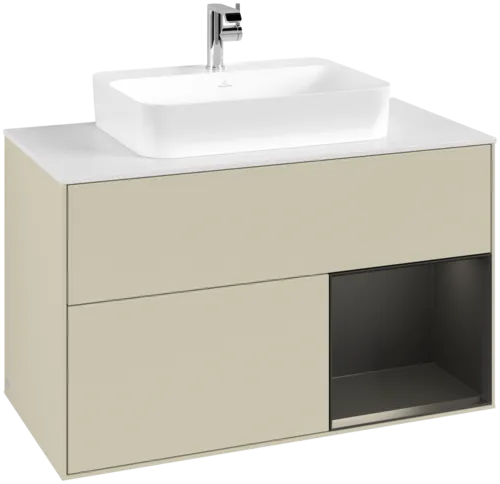 VILLEROY BOCH Toaletní skříňka Finion, s osvětlením, 2 výsuvy, 1000 x 603 x 501 mm, hedvábně šedý matný lak / černý matný lak / bílé matné sklo #F371PDHJ