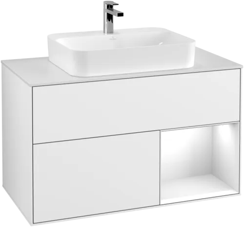 VILLEROY BOCH Toaletní skříňka Finion, s osvětlením, 2 výsuvy, 1000 x 603 x 501 mm, lesklý bílý lak / lesklý bílý lak / sklo bílé matné #F371GFGF