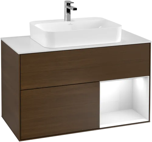 VILLEROY BOCH Toaletní stolek Finion, s osvětlením, 2 výsuvy, 1000 x 603 x 501 mm, ořechová dýha / lesklý bílý lak / sklo bílé matné #F371GFGN