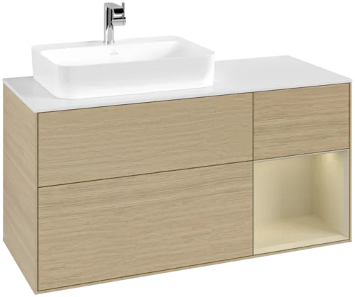 VILLEROY BOCH Toaletní skříňka Finion, s osvětlením, 3 výsuvy, 1200 x 603 x 501 mm, dubová dýha / hedvábně šedý matný lak / sklo bílé matné #F401HJPC