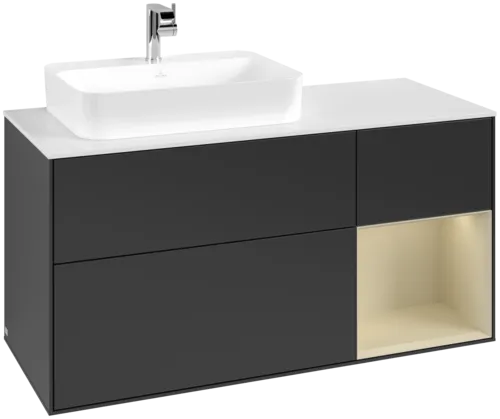 VILLEROY BOCH Toaletní skříňka Finion, s osvětlením, 3 výsuvy, 1200 x 603 x 501 mm, černý matný lak / hedvábně šedý matný lak / bílé matné sklo #F401HJPD