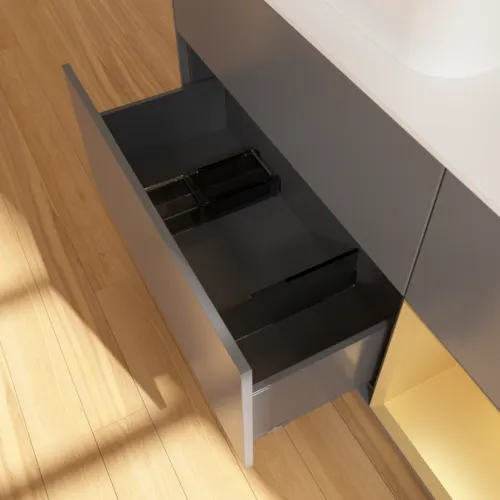 VILLEROY BOCH Toaletní skříňka Finion, s osvětlením, 3 výsuvy, 1200 x 603 x 501 mm, antracitový matný lak / zlatý matný lak / bílé matné sklo #F401HFGK, obrázek 7