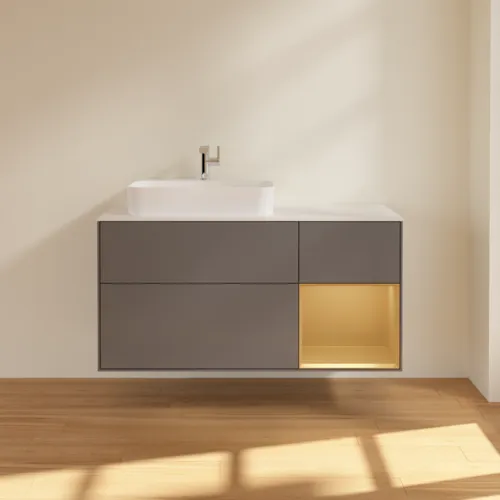 VILLEROY BOCH Toaletní skříňka Finion, s osvětlením, 3 výsuvy, 1200 x 603 x 501 mm, antracitový matný lak / zlatý matný lak / bílé matné sklo #F401HFGK, obrázek 3
