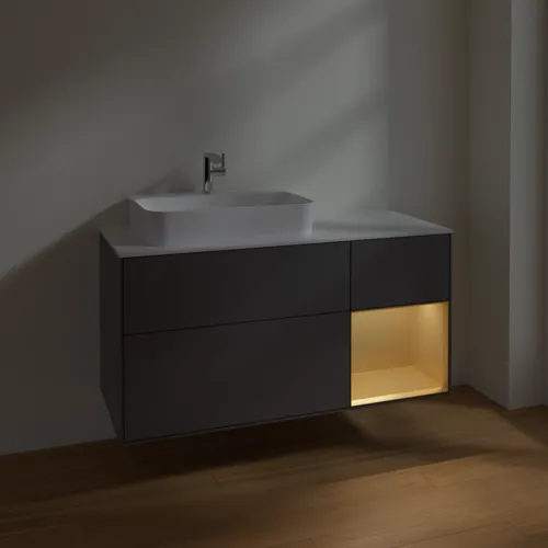 VILLEROY BOCH Toaletní skříňka Finion, s osvětlením, 3 výsuvy, 1200 x 603 x 501 mm, antracitový matný lak / zlatý matný lak / bílé matné sklo #F401HFGK, obrázek 5