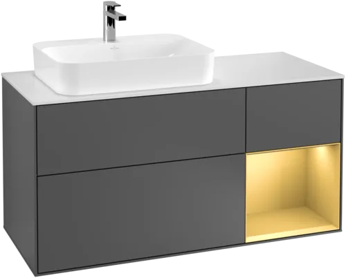 VILLEROY BOCH Toaletní skříňka Finion, s osvětlením, 3 výsuvy, 1200 x 603 x 501 mm, antracitový matný lak / zlatý matný lak / bílé matné sklo #F401HFGK