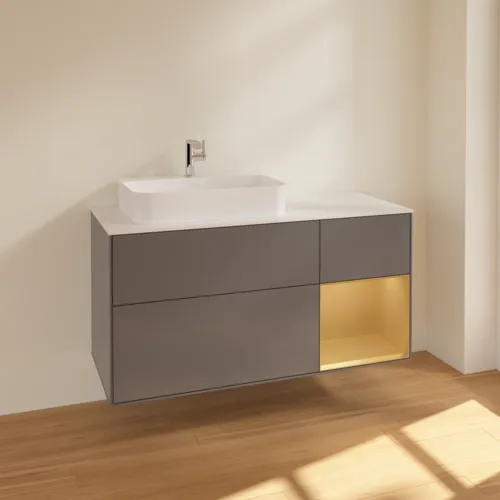 VILLEROY BOCH Toaletní skříňka Finion, s osvětlením, 3 výsuvy, 1200 x 603 x 501 mm, antracitový matný lak / zlatý matný lak / bílé matné sklo #F401HFGK, obrázek 2