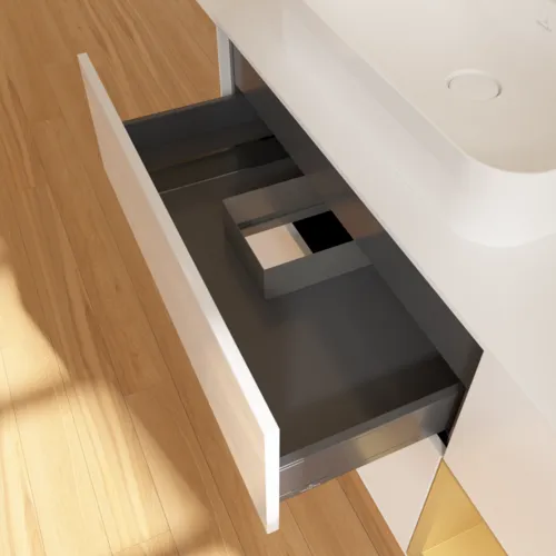 VILLEROY BOCH Toaletní skříňka Finion, s osvětlením, 3 výsuvy, 1200 x 603 x 501 mm, lesklý bílý lak / zlatý matný lak / bílé matné sklo #F401HFGF, obrázek 8
