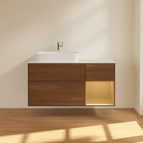 VILLEROY BOCH Toaletní skříňka Finion, s osvětlením, 3 výsuvy, 1200 x 603 x 501 mm, ořechová dýha / zlatý matný lak / sklo bílé matné #F401HFGN, obrázek 3