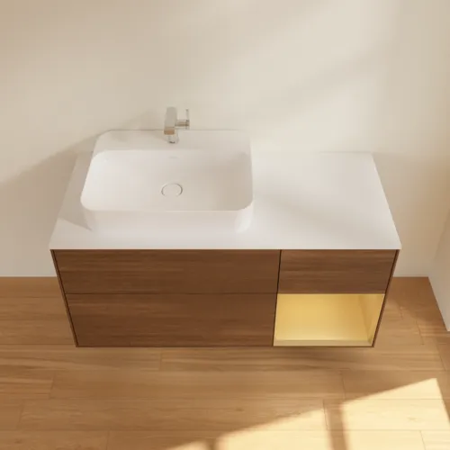 VILLEROY BOCH Toaletní skříňka Finion, s osvětlením, 3 výsuvy, 1200 x 603 x 501 mm, ořechová dýha / zlatý matný lak / sklo bílé matné #F401HFGN, obrázek 4