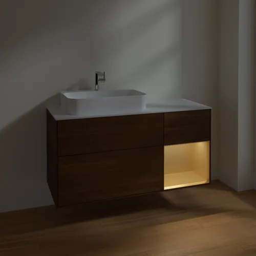 VILLEROY BOCH Toaletní skříňka Finion, s osvětlením, 3 výsuvy, 1200 x 603 x 501 mm, ořechová dýha / zlatý matný lak / sklo bílé matné #F401HFGN, obrázek 5