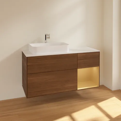 VILLEROY BOCH Toaletní skříňka Finion, s osvětlením, 3 výsuvy, 1200 x 603 x 501 mm, ořechová dýha / zlatý matný lak / sklo bílé matné #F401HFGN, obrázek 2