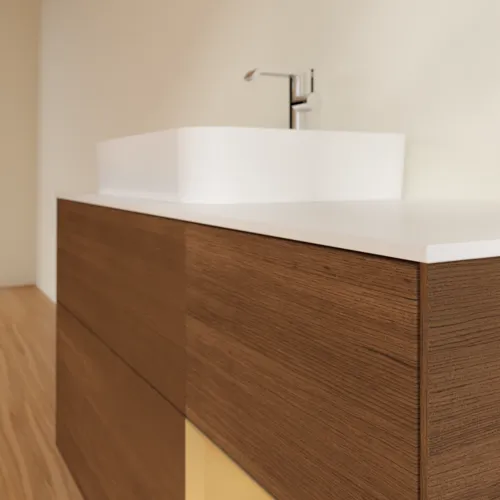 VILLEROY BOCH Toaletní skříňka Finion, s osvětlením, 3 výsuvy, 1200 x 603 x 501 mm, ořechová dýha / zlatý matný lak / sklo bílé matné #F401HFGN, obrázek 6