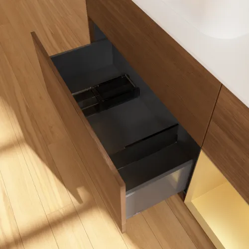 VILLEROY BOCH Toaletní skříňka Finion, s osvětlením, 3 výsuvy, 1200 x 603 x 501 mm, ořechová dýha / zlatý matný lak / sklo bílé matné #F401HFGN, obrázek 7
