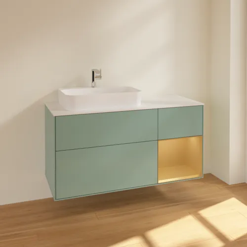 VILLEROY BOCH Toaletní skříňka Finion, s osvětlením, 3 výsuvy, 1200 x 603 x 501 mm, olivový matný lak / zlatý matný lak / bílé matné sklo #F401HFGM, obrázek 2