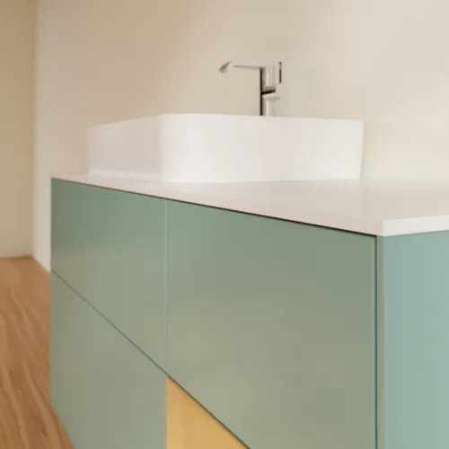 VILLEROY BOCH Toaletní skříňka Finion, s osvětlením, 3 výsuvy, 1200 x 603 x 501 mm, olivový matný lak / zlatý matný lak / bílé matné sklo #F401HFGM, obrázek 6