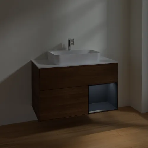 VILLEROY BOCH Toaletní skříňka Finion, s osvětlením, 2 výsuvy, 1000 x 603 x 501 mm, ořechová dýha / půlnočně modrý matný lak / sklo bílé matné #F371HGGN, obrázek 5