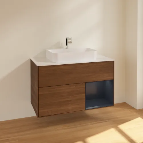 VILLEROY BOCH Toaletní skříňka Finion, s osvětlením, 2 výsuvy, 1000 x 603 x 501 mm, ořechová dýha / půlnočně modrý matný lak / sklo bílé matné #F371HGGN, obrázek 2