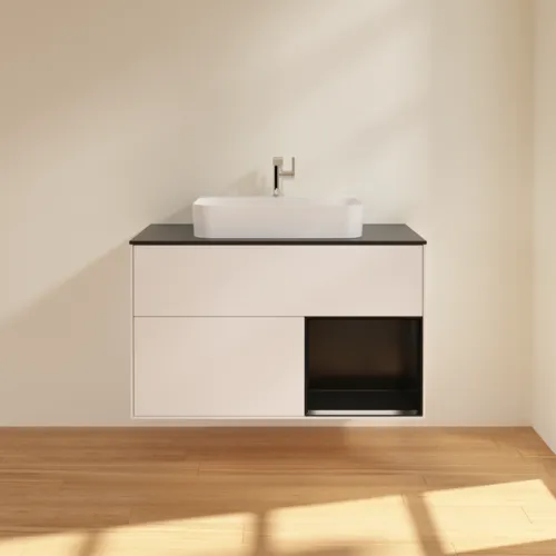VILLEROY BOCH Toaletní skříňka Finion, s osvětlením, 2 výsuvy, 1000 x 603 x 501 mm, bílý matný lak / černý matný lak / černé matné sklo #F372PDMT, obrázek 3