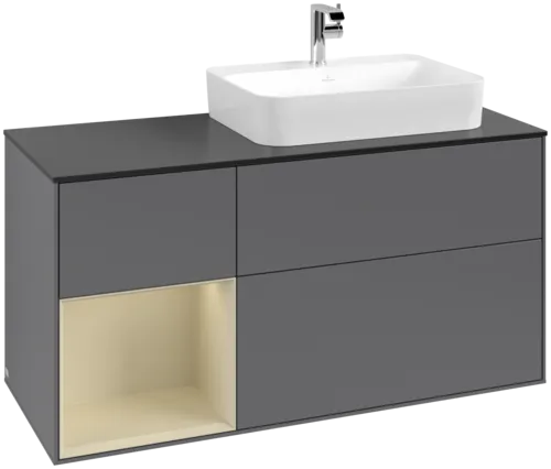 VILLEROY BOCH Toaletní skříňka Finion, s osvětlením, 3 výsuvy, 1200 x 603 x 501 mm, antracitový matný lak / hedvábně šedý matný lak / černé matné sklo #F392HJGK