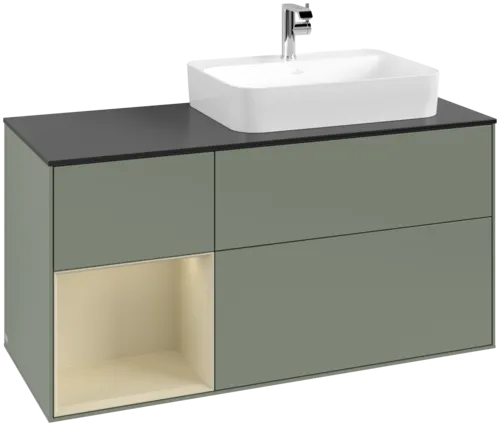 VILLEROY BOCH Toaletní skříňka Finion, s osvětlením, 3 výsuvy, 1200 x 603 x 501 mm, olivový matný lak / hedvábně šedý matný lak / černé matné sklo #F392HJGM