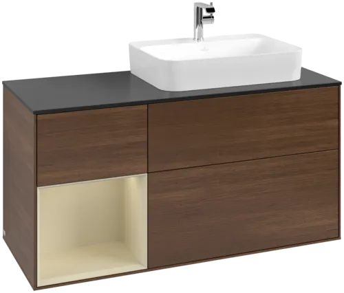 VILLEROY BOCH Toaletní skříňka Finion, s osvětlením, 3 výsuvy, 1200 x 603 x 501 mm, ořechová dýha / hedvábně šedý matný lak / sklo černé matné #F392HJGN