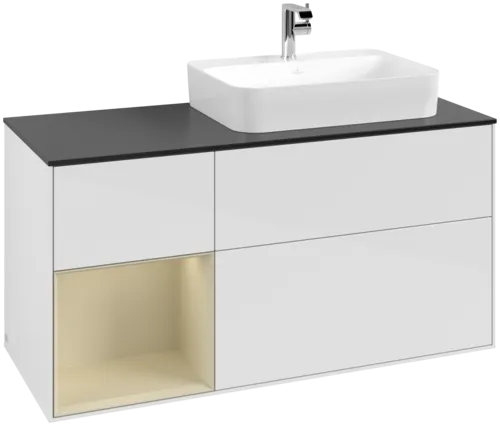 VILLEROY BOCH Toaletní skříňka Finion, s osvětlením, 3 výsuvy, 1200 x 603 x 501 mm, lesklý bílý lak / hedvábně šedý matný lak / černé matné sklo #F392HJGF