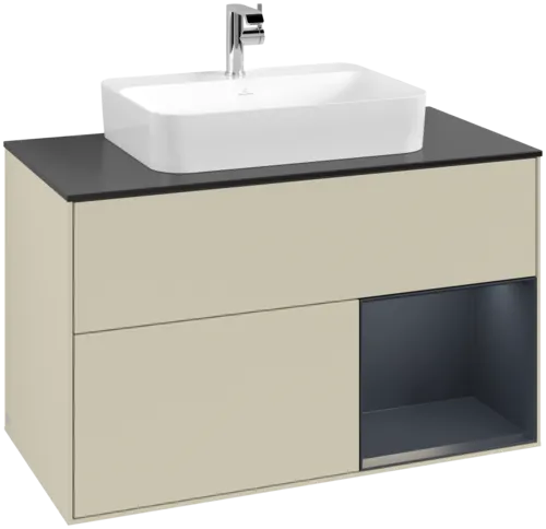 VILLEROY BOCH Toaletní skříňka Finion, s osvětlením, 2 výsuvy, 1000 x 603 x 501 mm, Silk Grey Matt Lacquer / Midnight Blue Matt Lacquer / Glass Black Matt #F372HGHJ