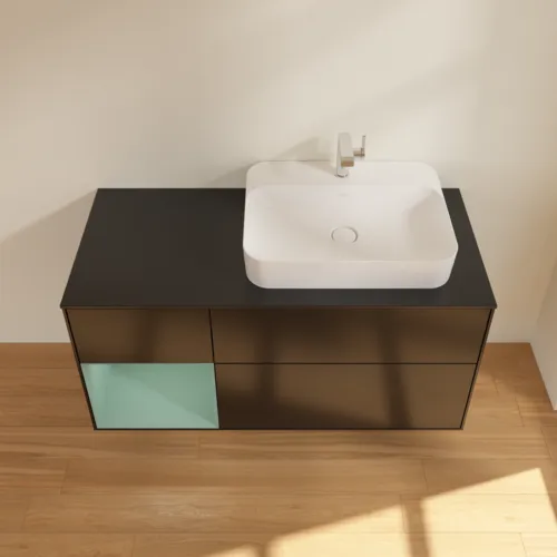 VILLEROY BOCH Toaletní skříňka Finion, s osvětlením, 3 výsuvy, 1200 x 603 x 501 mm, černý matný lak / olivový matný lak / černé matné sklo #F392GMPD, obrázek 4
