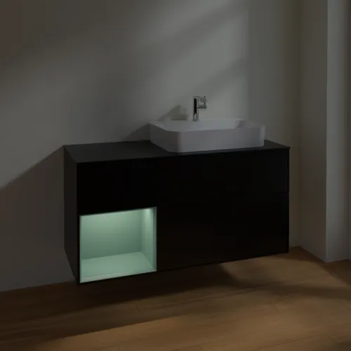 VILLEROY BOCH Toaletní skříňka Finion, s osvětlením, 3 výsuvy, 1200 x 603 x 501 mm, černý matný lak / olivový matný lak / černé matné sklo #F392GMPD, obrázek 5
